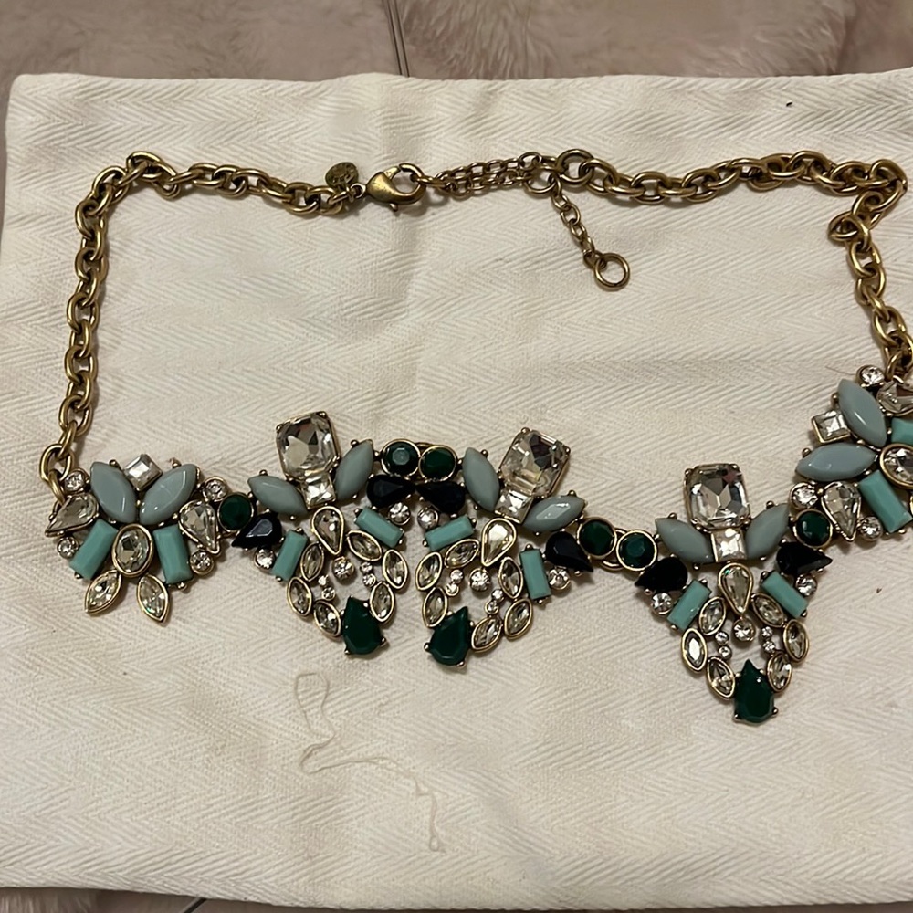 J.Crew statement necklace gold with green & blue gems